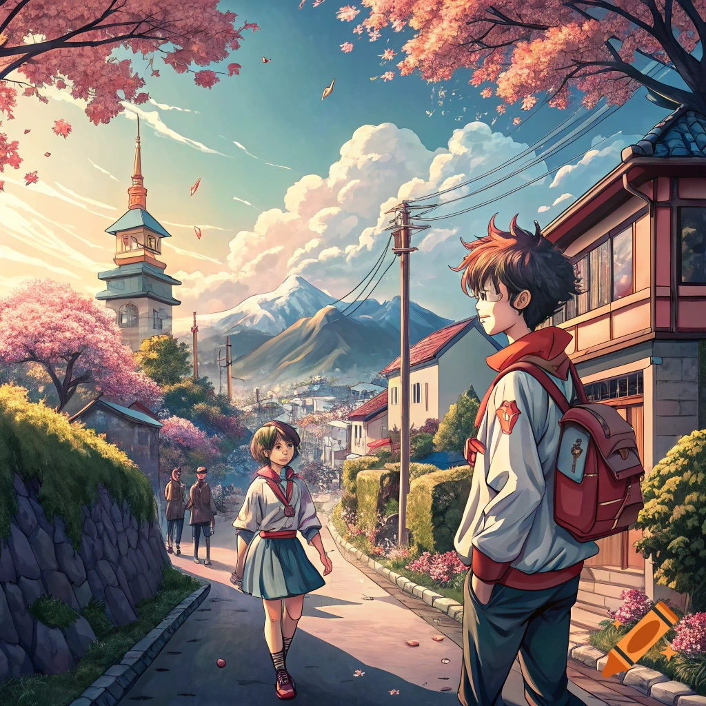 Anime scene of two students walking on a street lined with cherry blossom trees, houses, and mountains.