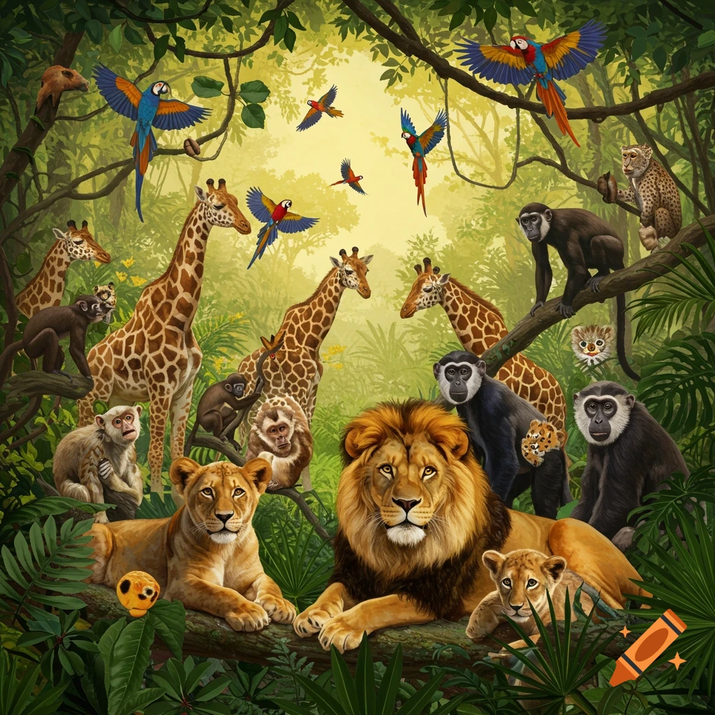 Various animals including a lion, giraffes, monkeys, and parrots are gathered in a lush jungle.