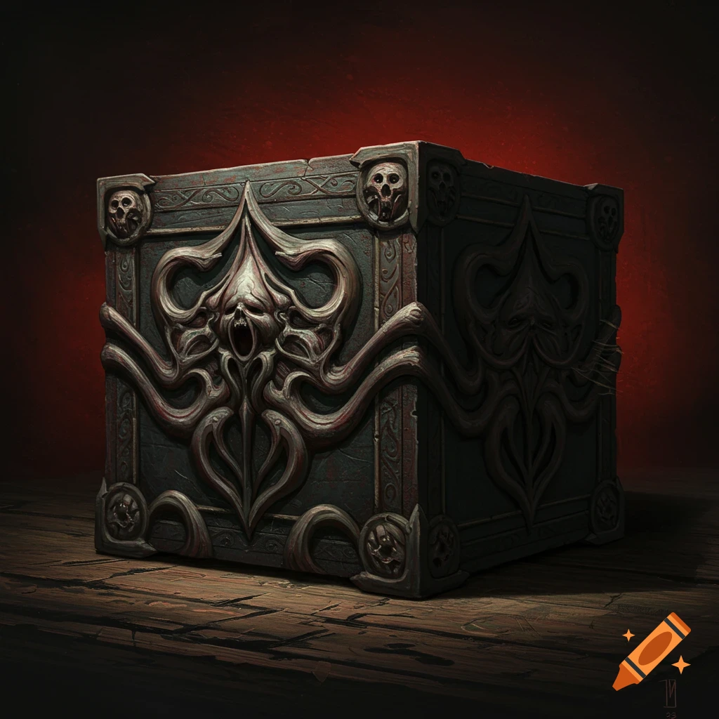A detailed, ornate horror box decorated with skulls and organic, screaming faces rests on a wooden surface.
