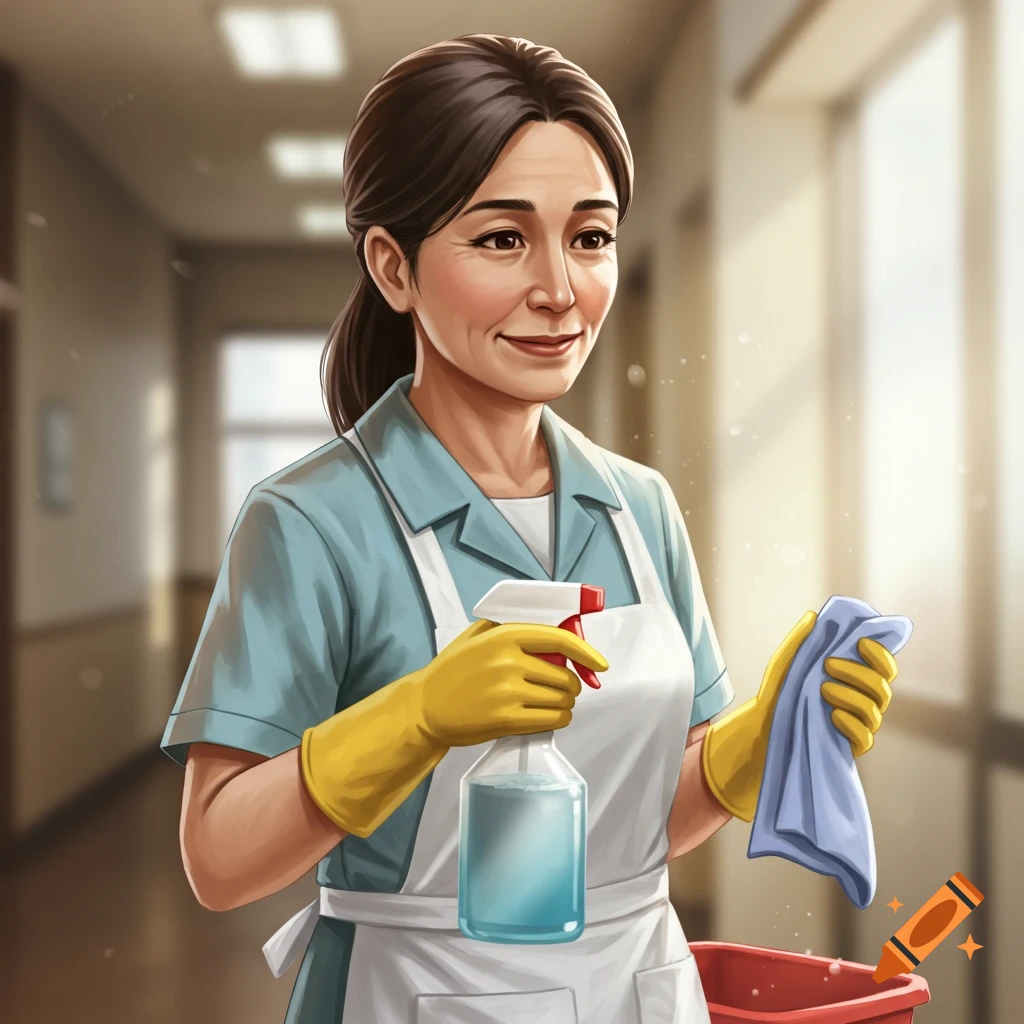 A cleaning lady holding spray cleaner and a cloth in a hallway.