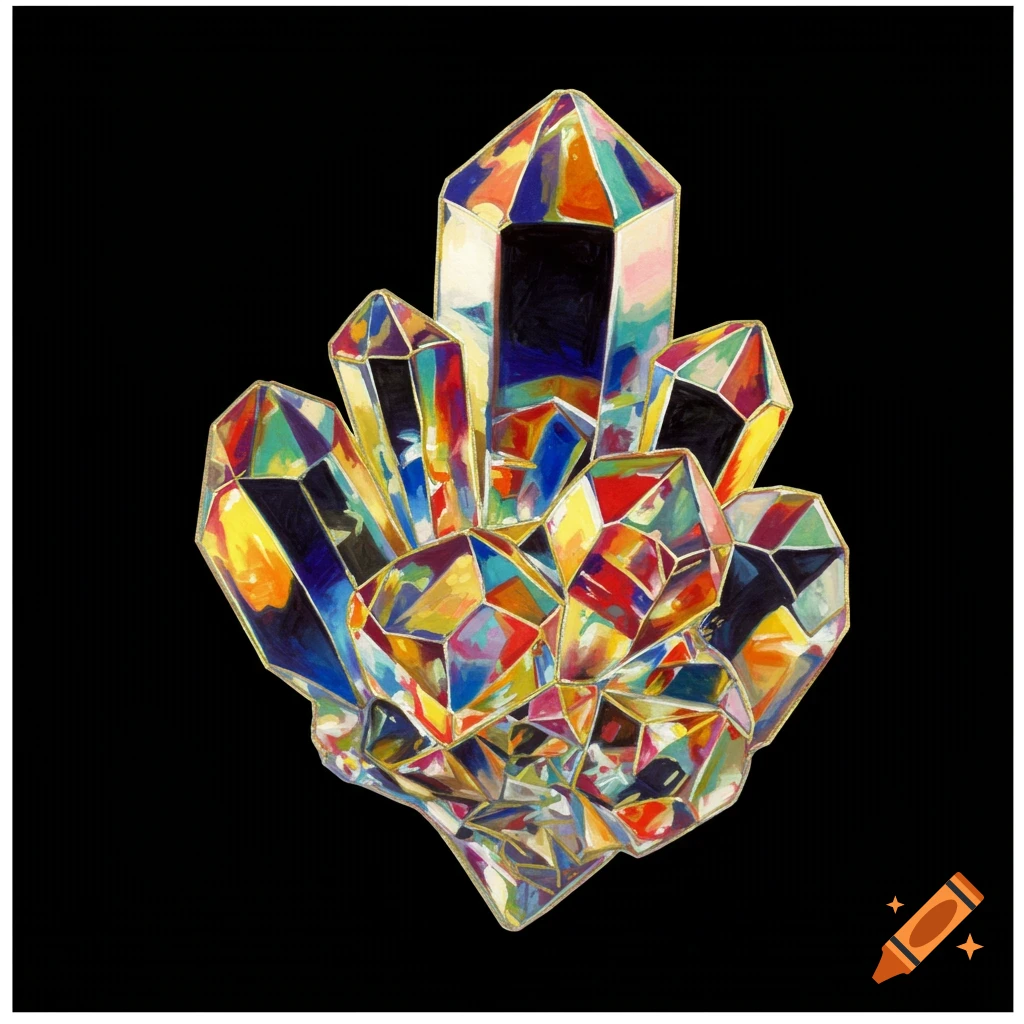 A colorful crystal cluster on a black background