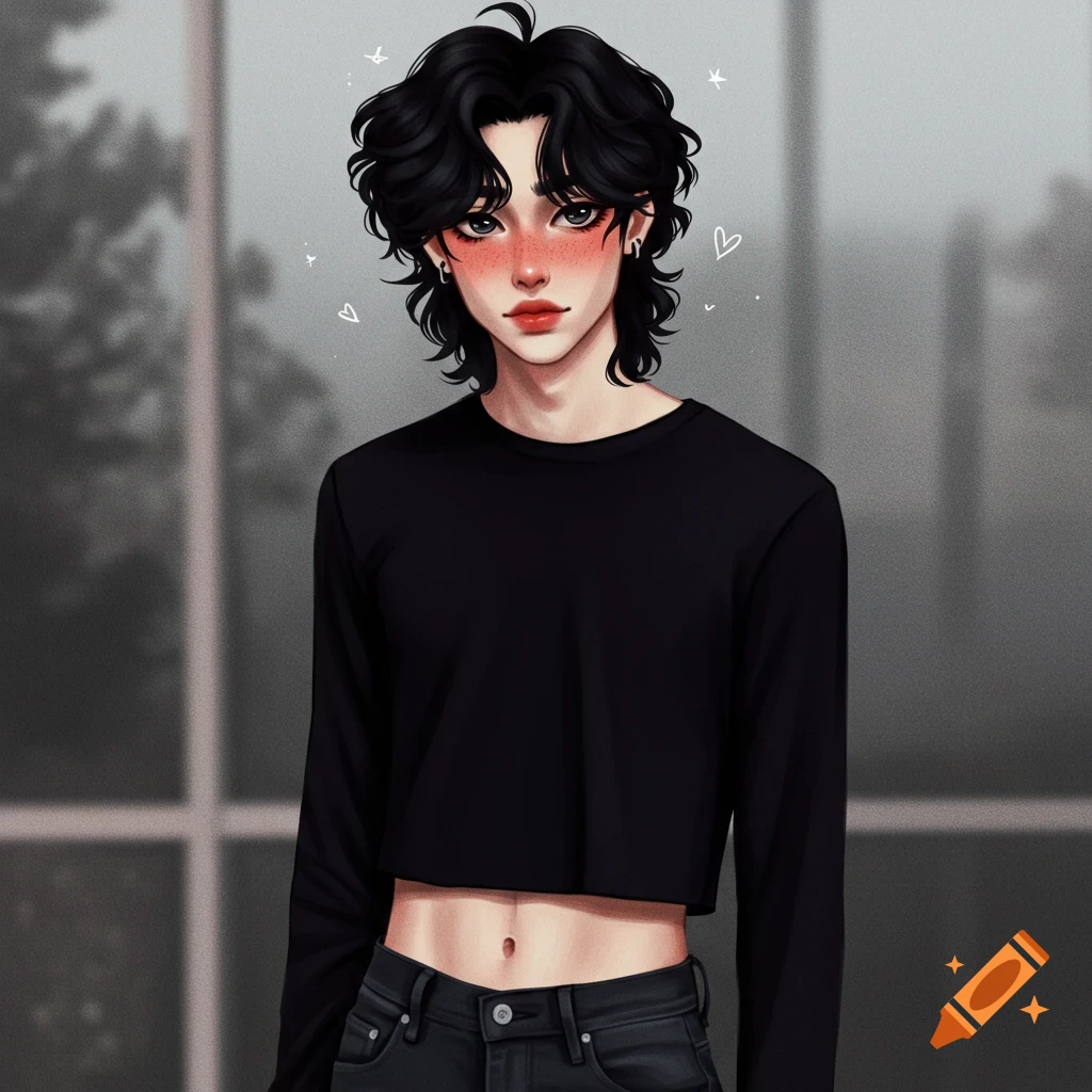 A person with fluffy black hair, red blush, and freckles, wearing a black crop top and dark jeans.