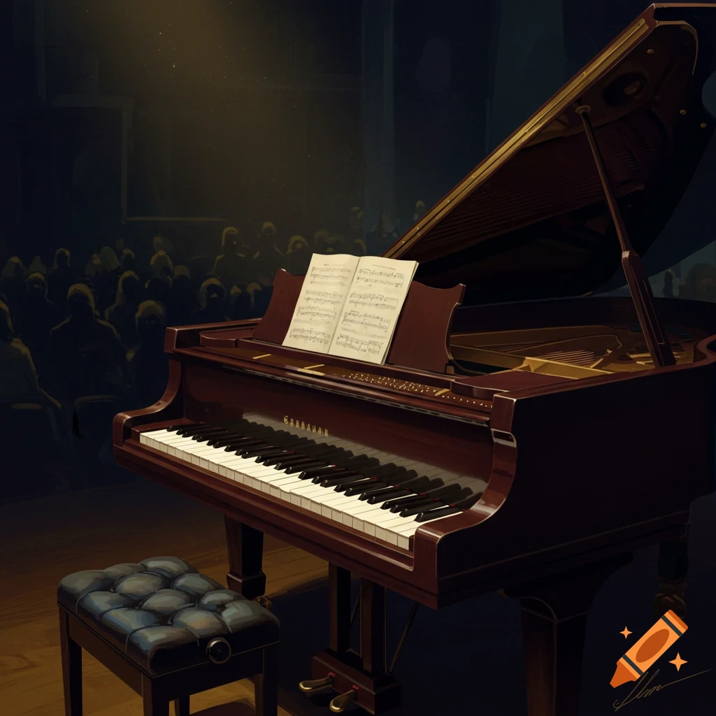 A grand piano on a stage with sheet music, lit by a spotlight, with an audience in the background.