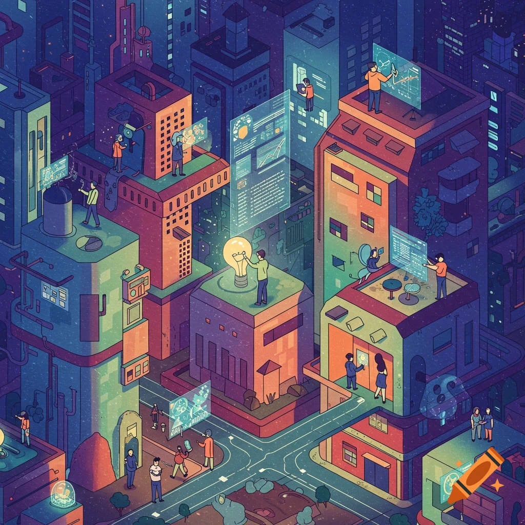 Isometric illustration of a futuristic city with people interacting with holographic data screens and giant lightbulbs on rooftops.