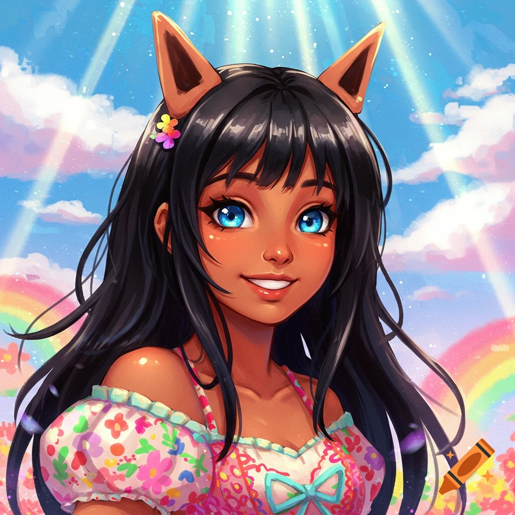 A stylized portrait of a smiling person with dark hair, blue eyes, and animal ears, wearing a floral dress, in a sunny field with a rainbow.