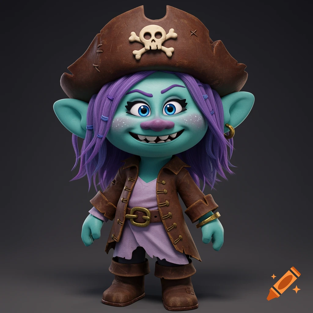 A 3D rendering of a female troll character dressed as a pirate, wearing a skull and crossbones hat, brown coat, and purple dress.