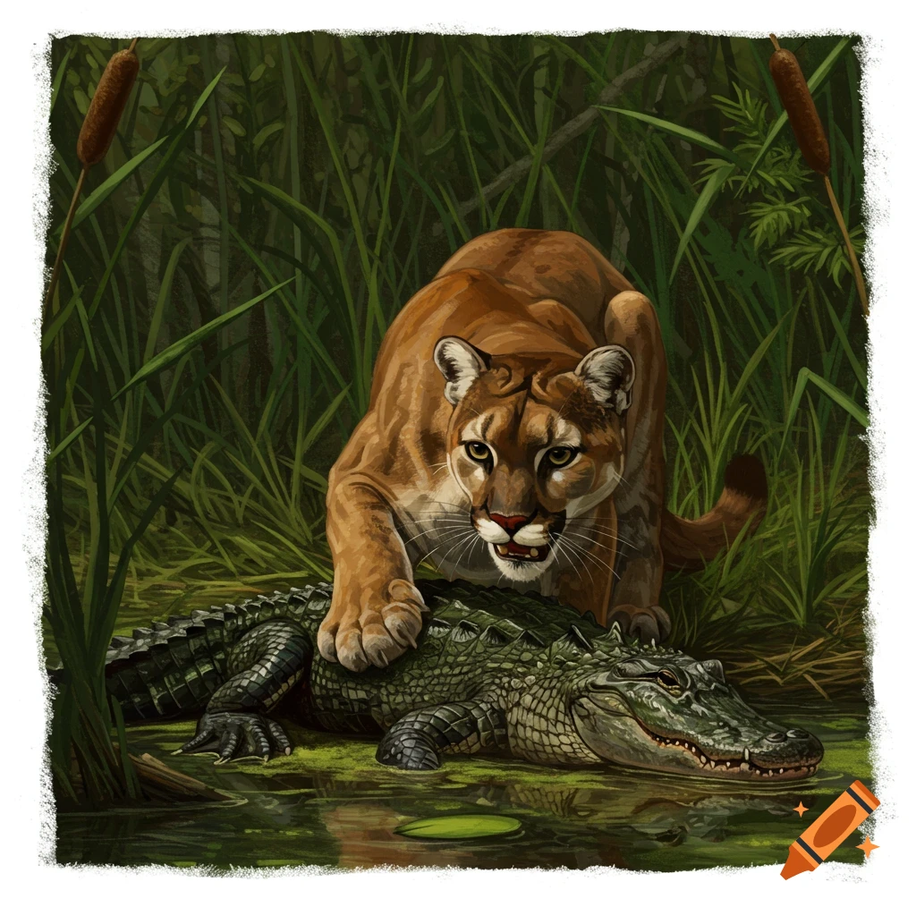A mountain lion stands on top of an alligator in a swamp.