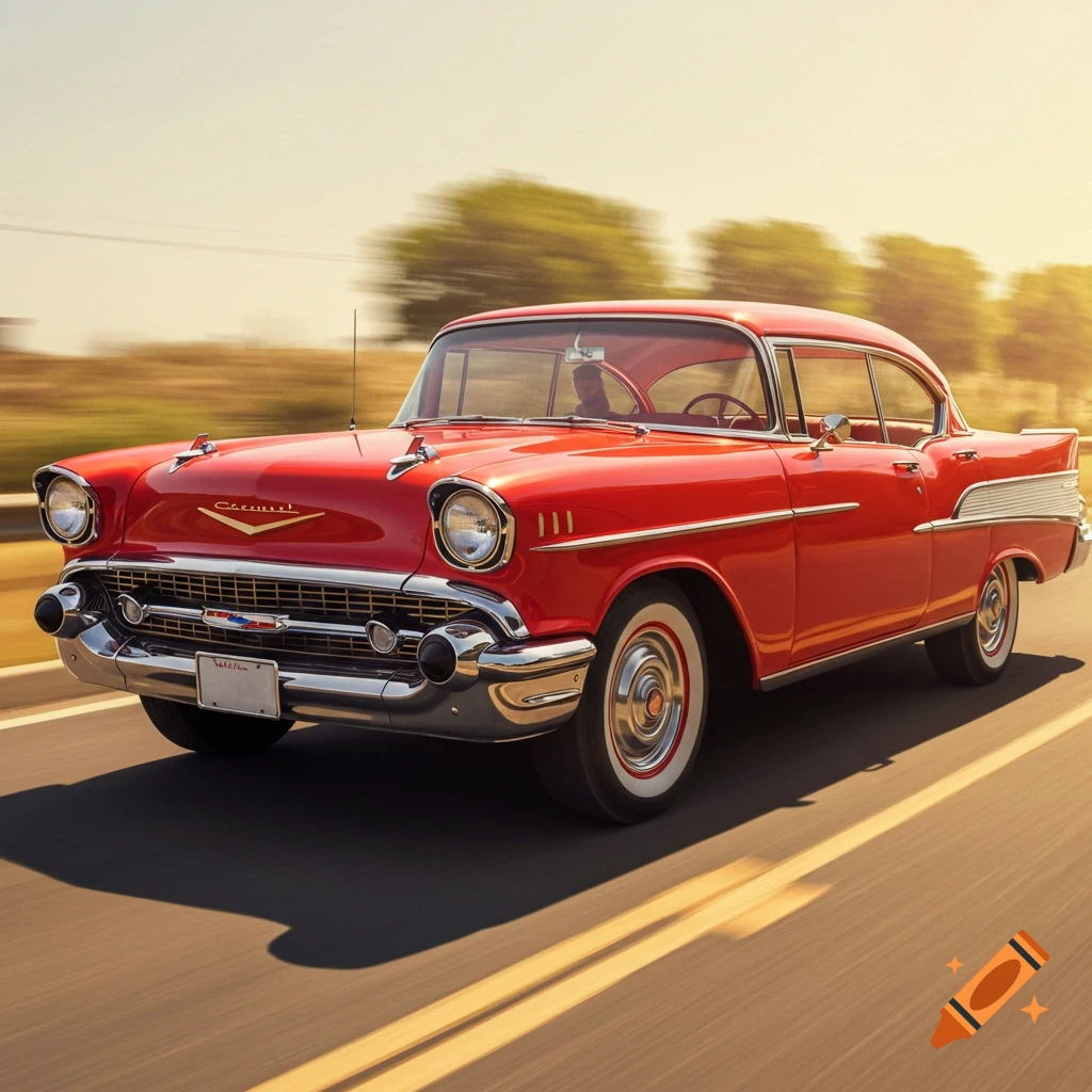 A red 1957 car drives on a sunny road.
