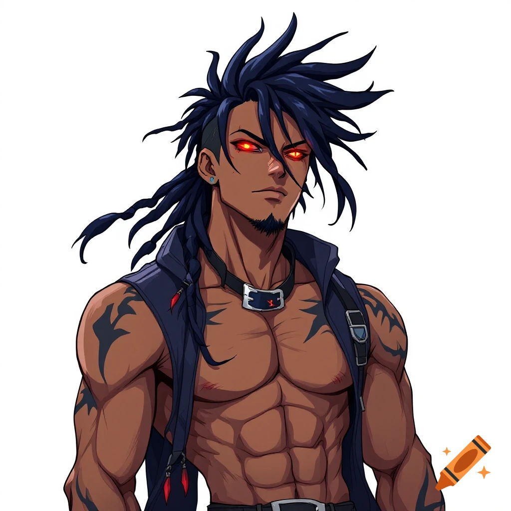 Anime portrait of a muscular man with spiky black dreads, red glowing eyes, and tribal tattoos.