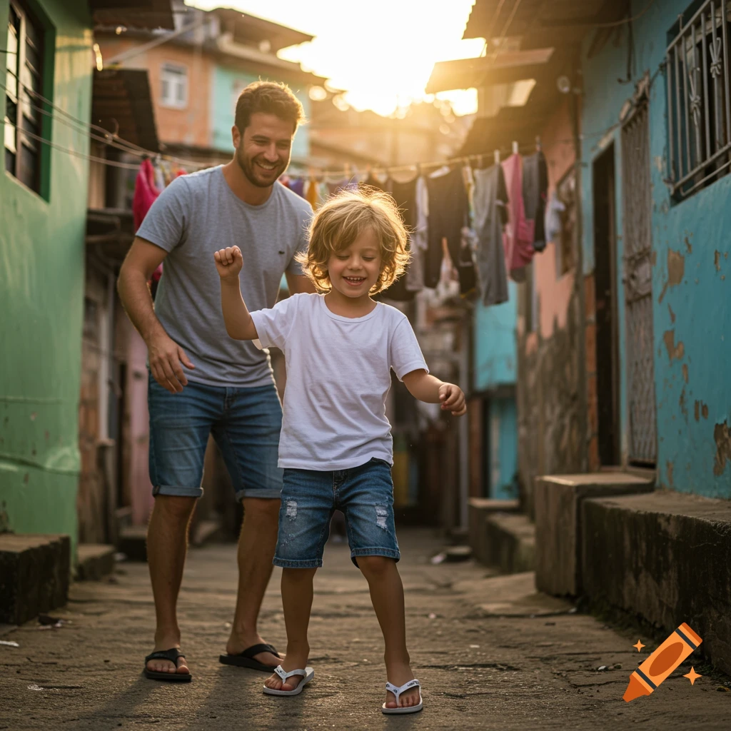 Father and son dancing joyfully in a sunlit favela street
