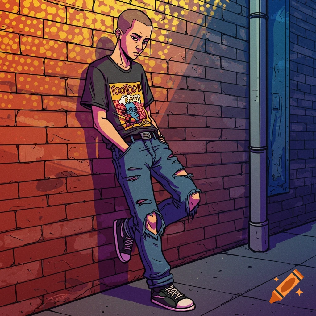 Comic style illustration of a young person leaning against a brick wall.
