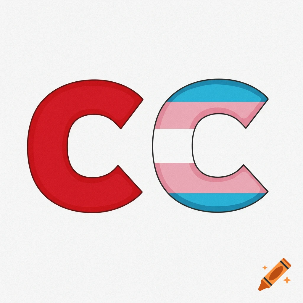 Two large letters, one red and one with trans pride flag colors, on a white background.