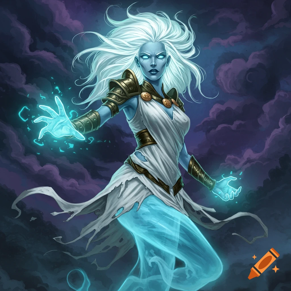 A female ghost hero with glowing energy hands against a cloudy background.