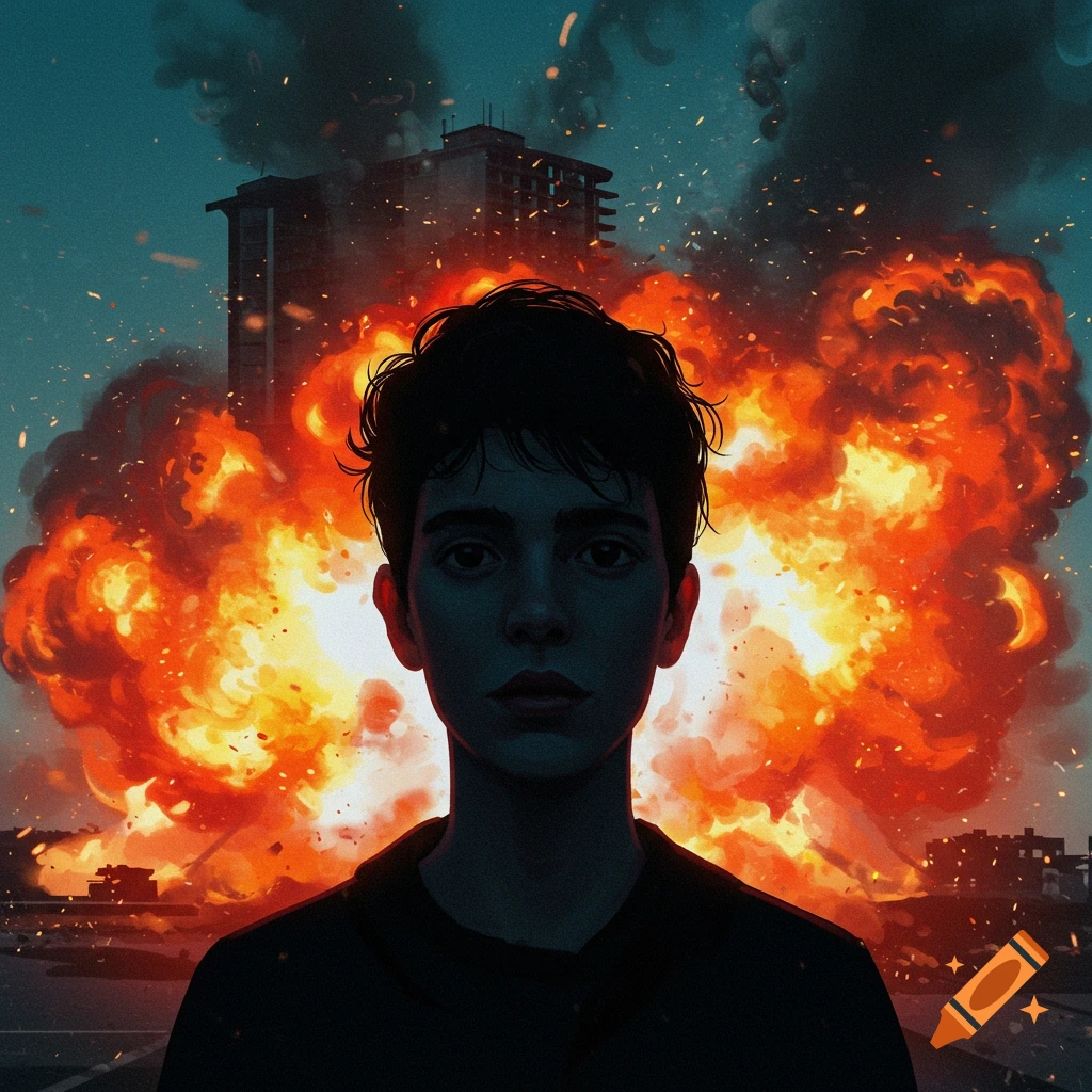 A person silhouetted against a large explosion behind a building.