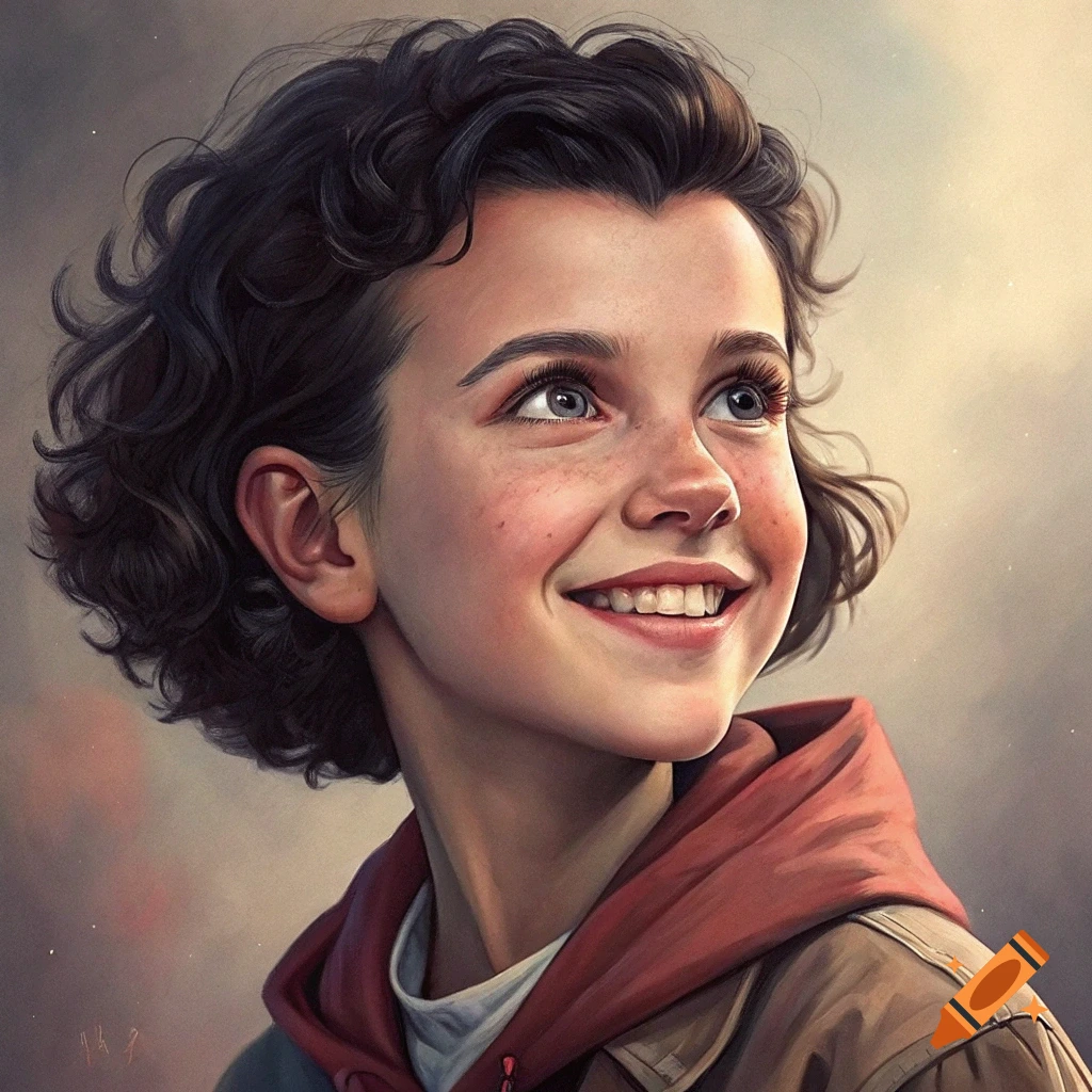 Close-up portrait of a young person with curly hair and freckles, smiling and looking up, digital art.