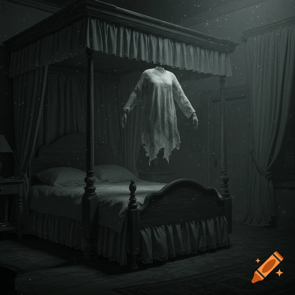 A headless ghost floats above a four-poster bed in a dark, spooky room.