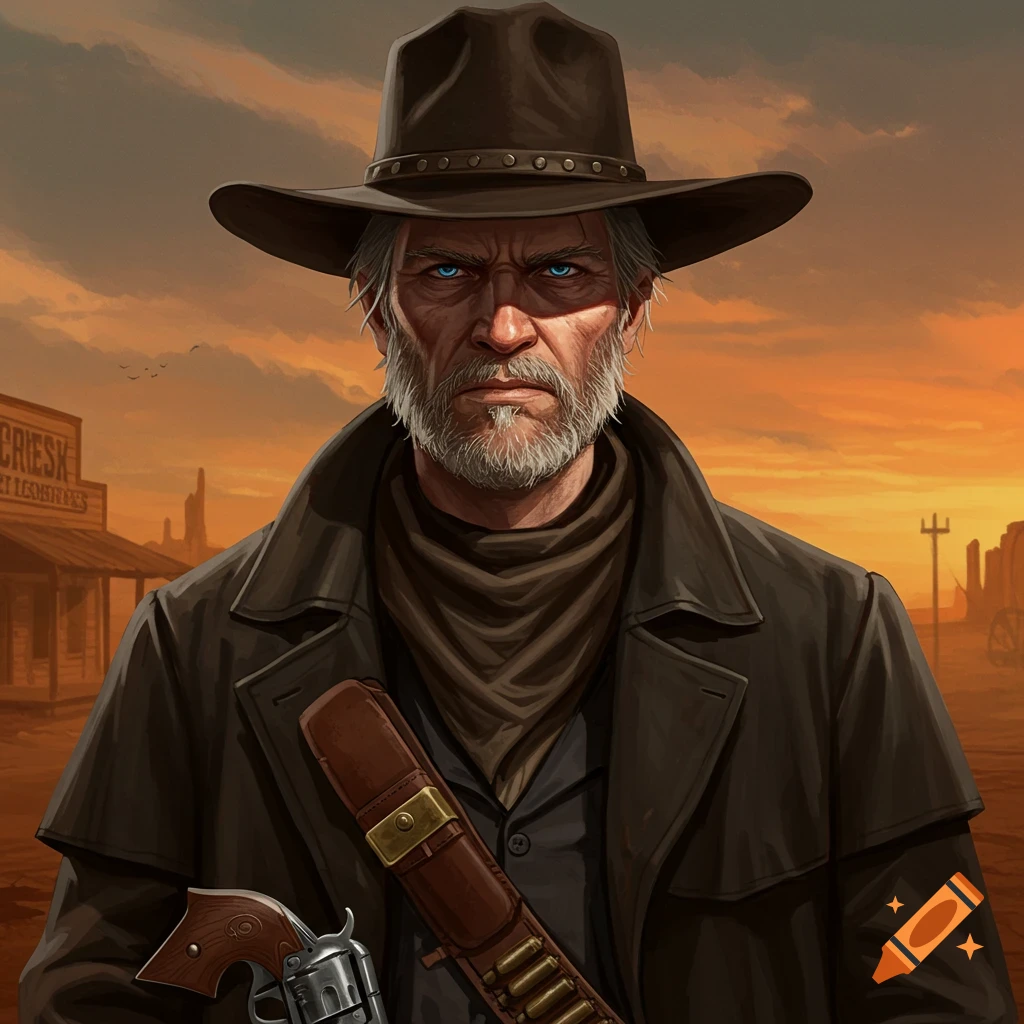 A grizzled old gunslinger in a cowboy hat and coat, holding a pistol, stands in a dusty Western town at sunset.