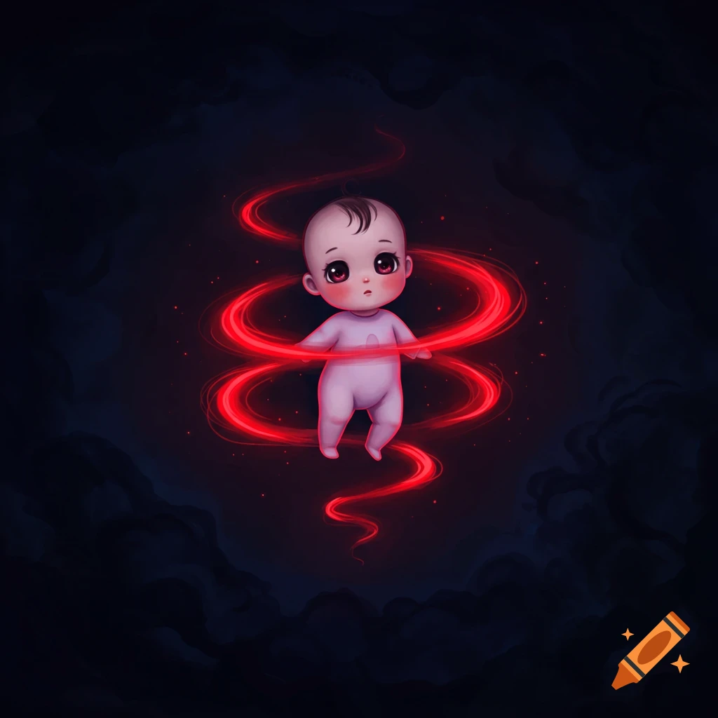 Anime baby floating in darkness surrounded by glowing red light.