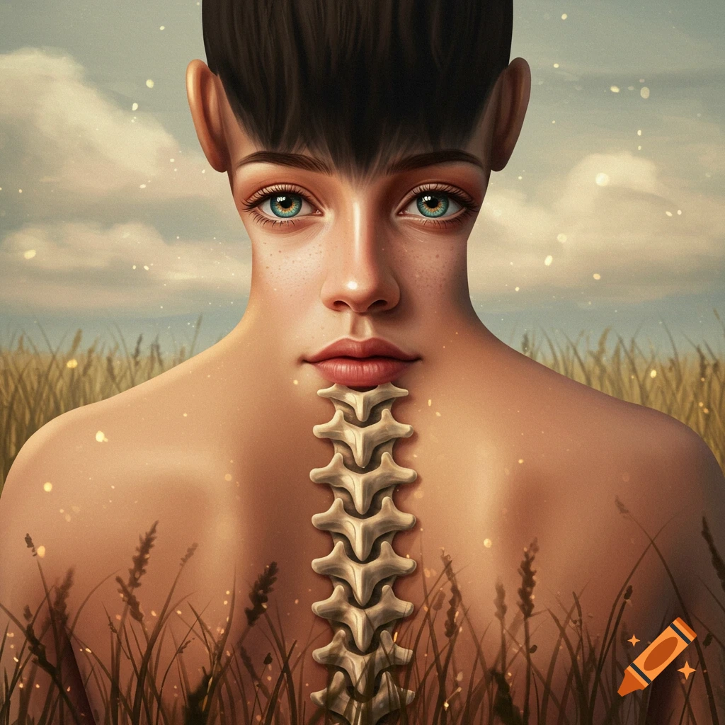 A person's back is shown with a face on their spine in a field