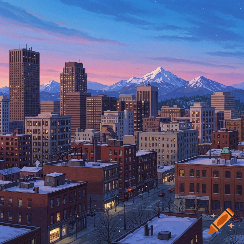 A snowy downtown city skyline with mountains at dusk.