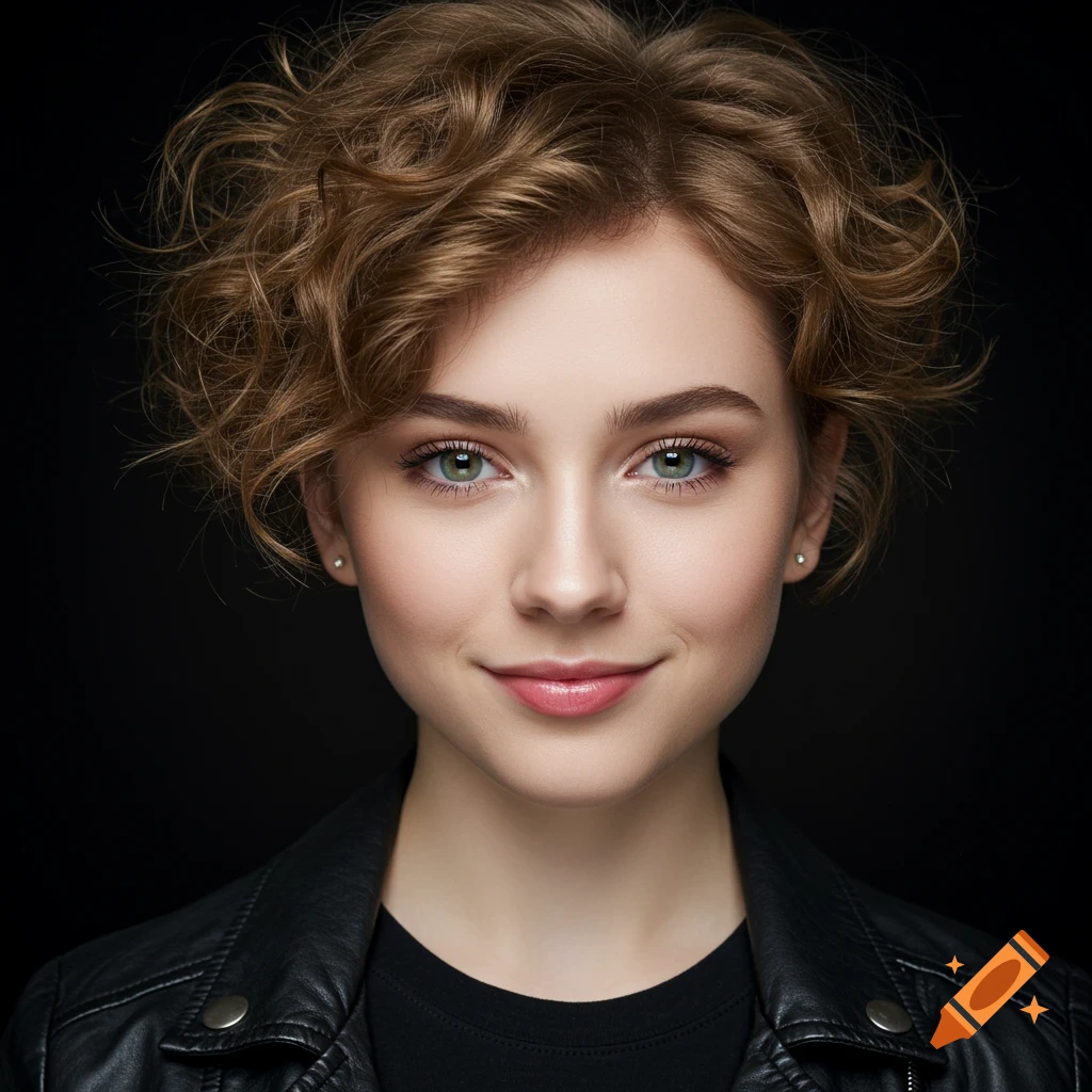 Photorealistic portrait of a young woman with curly hair and green eyes wearing a black leather jacket against a black background