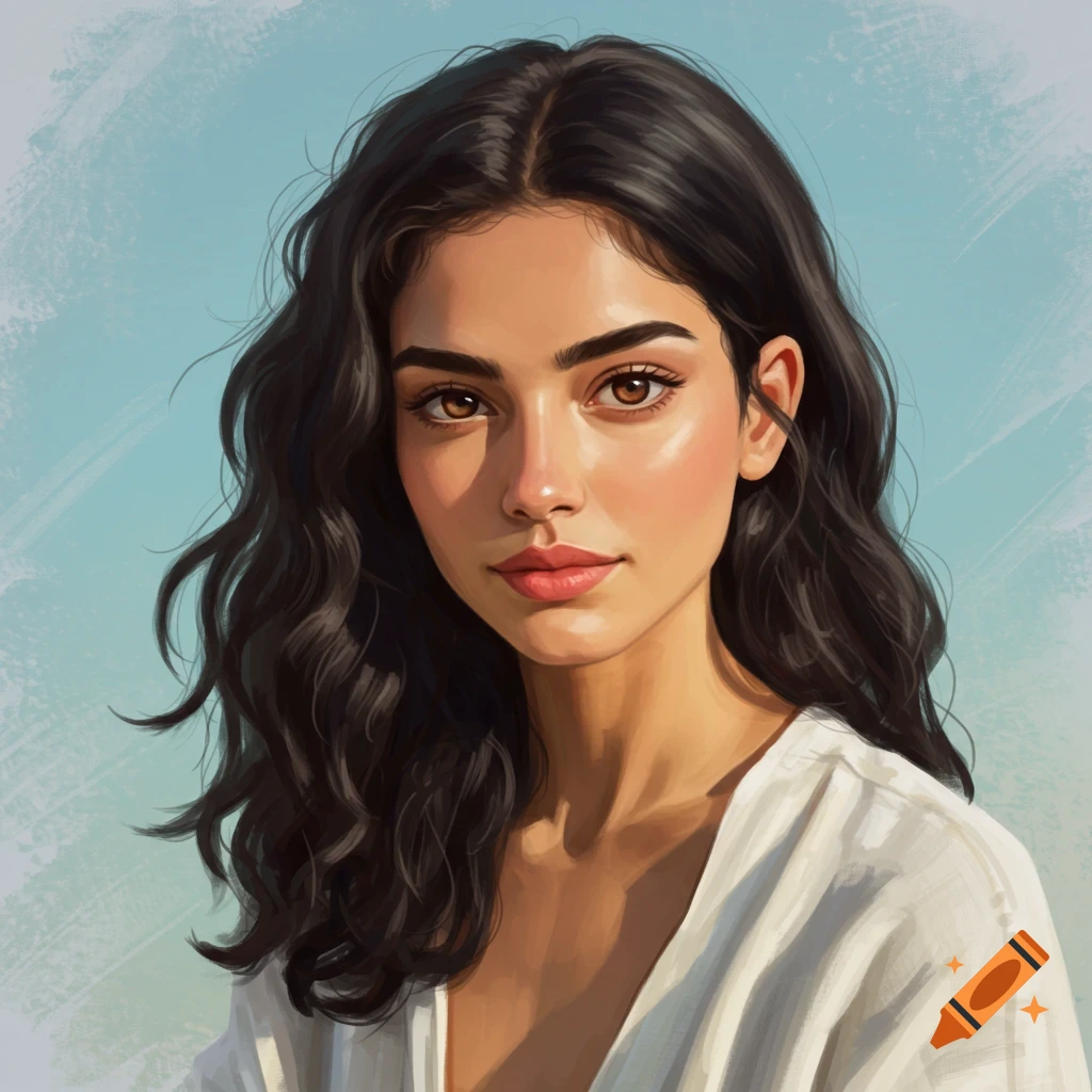 A young woman with long dark hair and brown eyes against a blue background.