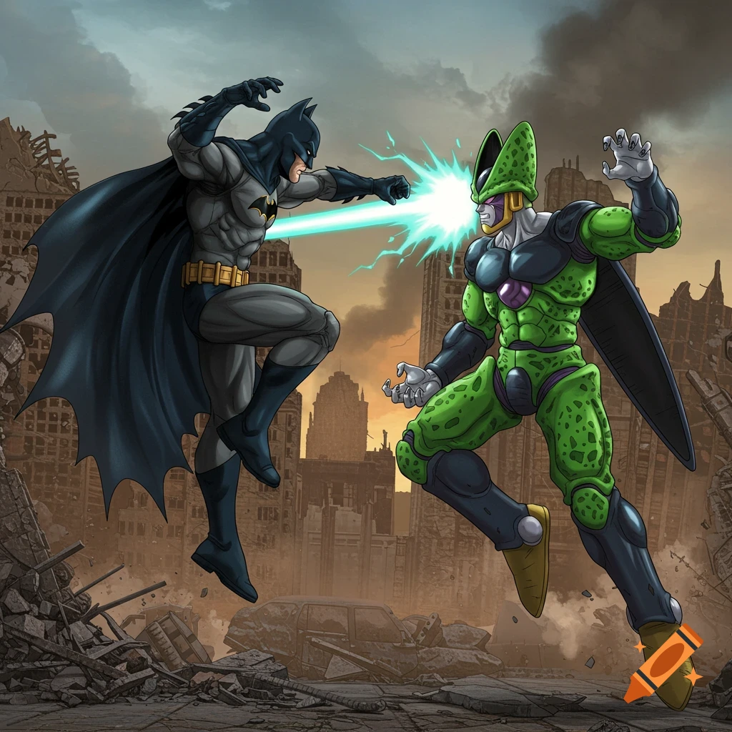 Batman fights Perfect Cell in a ruined city landscape.