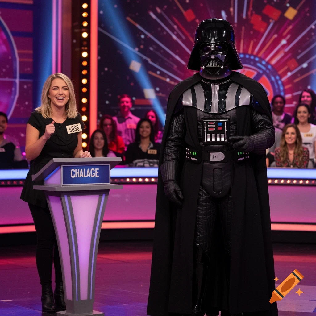 A woman and Darth Vader stand on a brightly lit game show stage with an audience in the background.