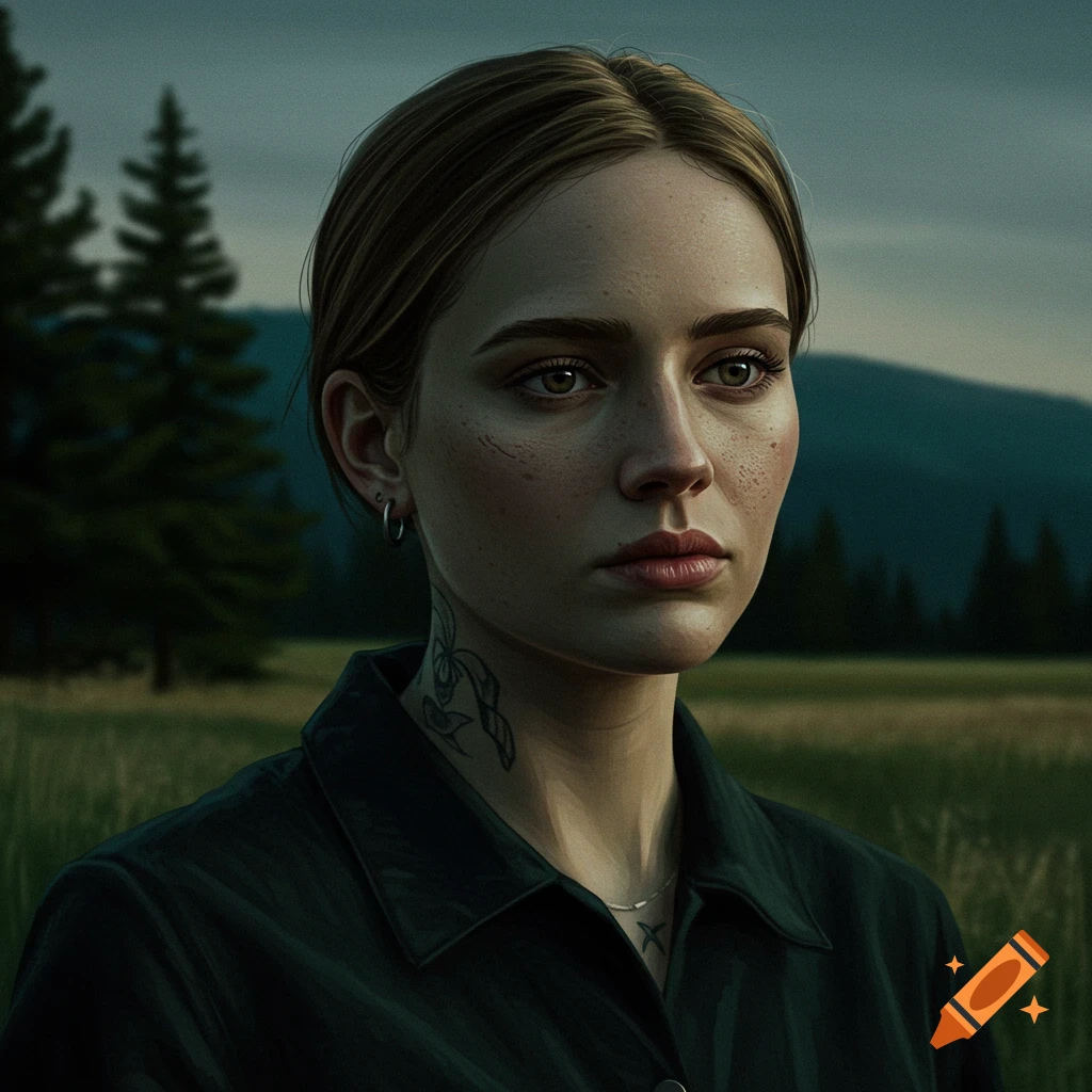 A realistic portrait of a young woman outdoors with a neck tattoo, field, trees, mountains, and cloudy sky.