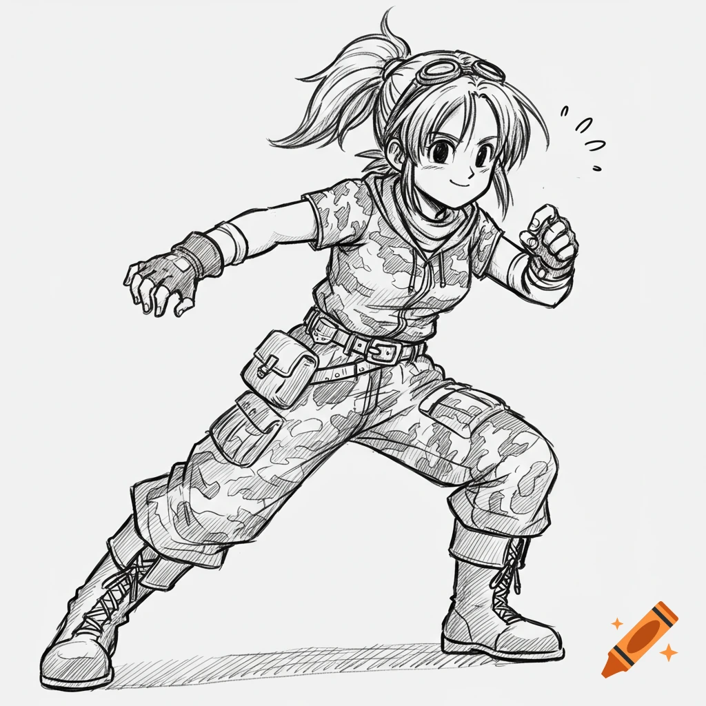 Black and white sketch of a young woman in camouflage running, in a Dragon Quest style.