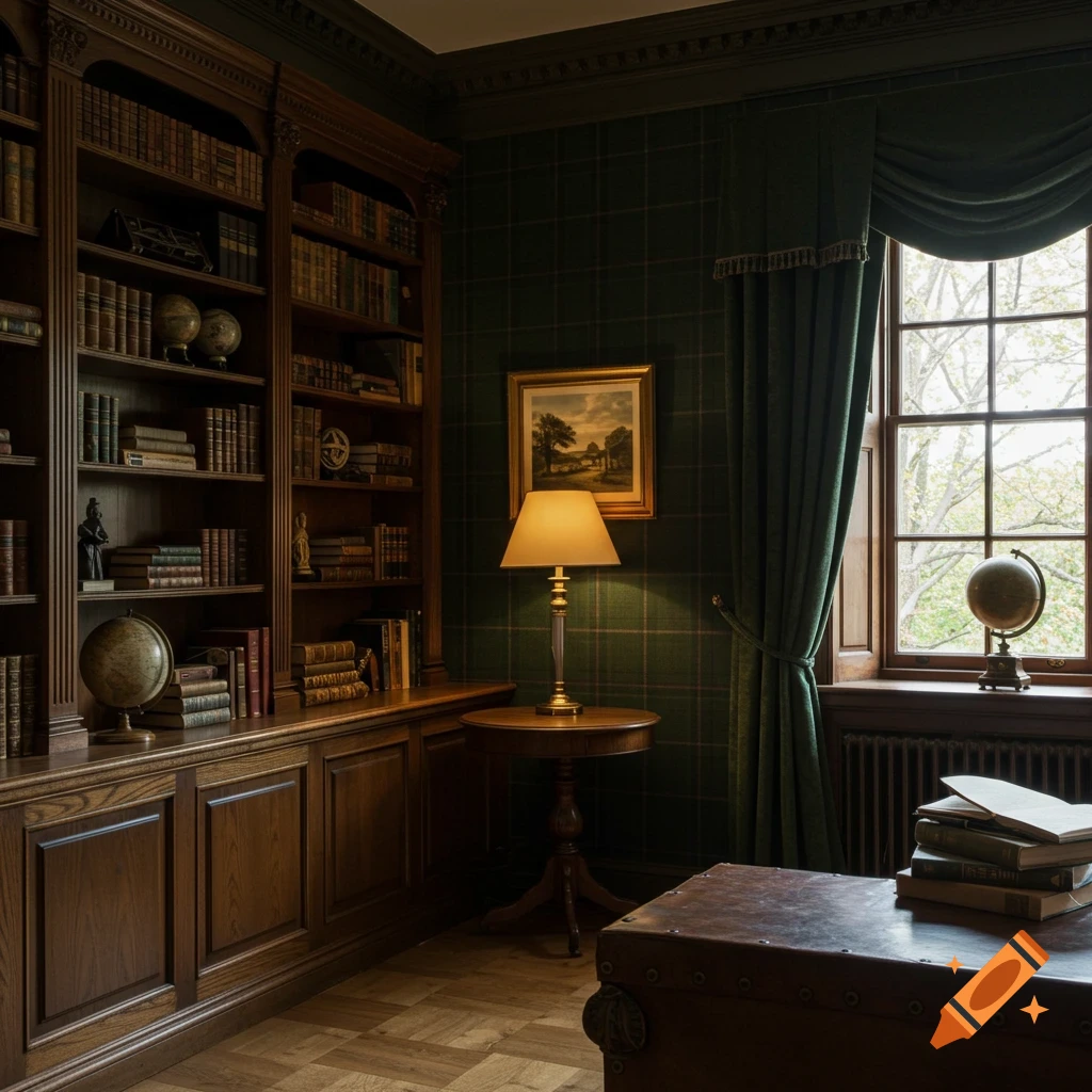 Photorealistic library interior with dark oak bookshelves, green tartan wallpaper, a desk, lamp, and window.