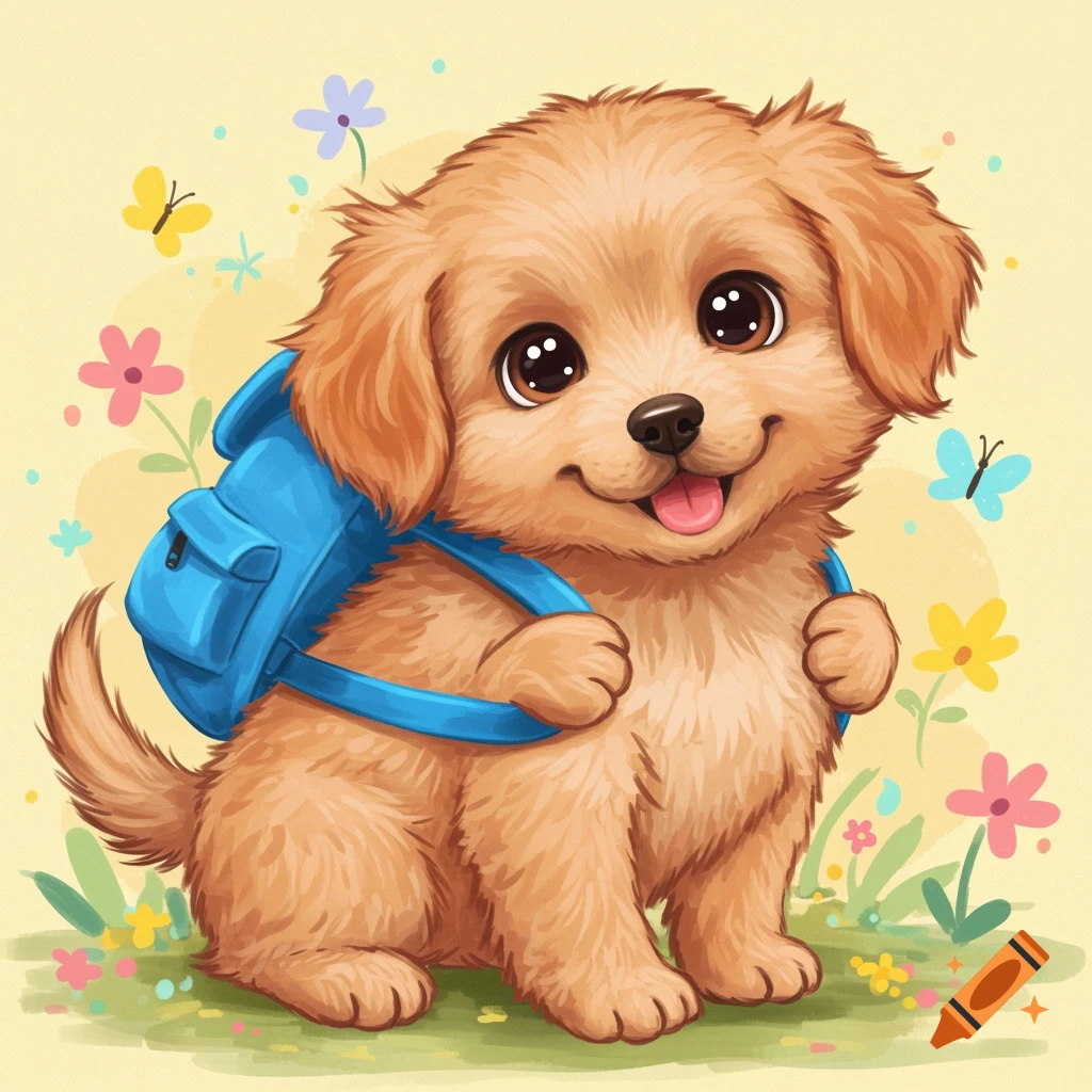 Cartoon golden retriever puppy wearing a blue backpack sits among colorful flowers and butterflies.