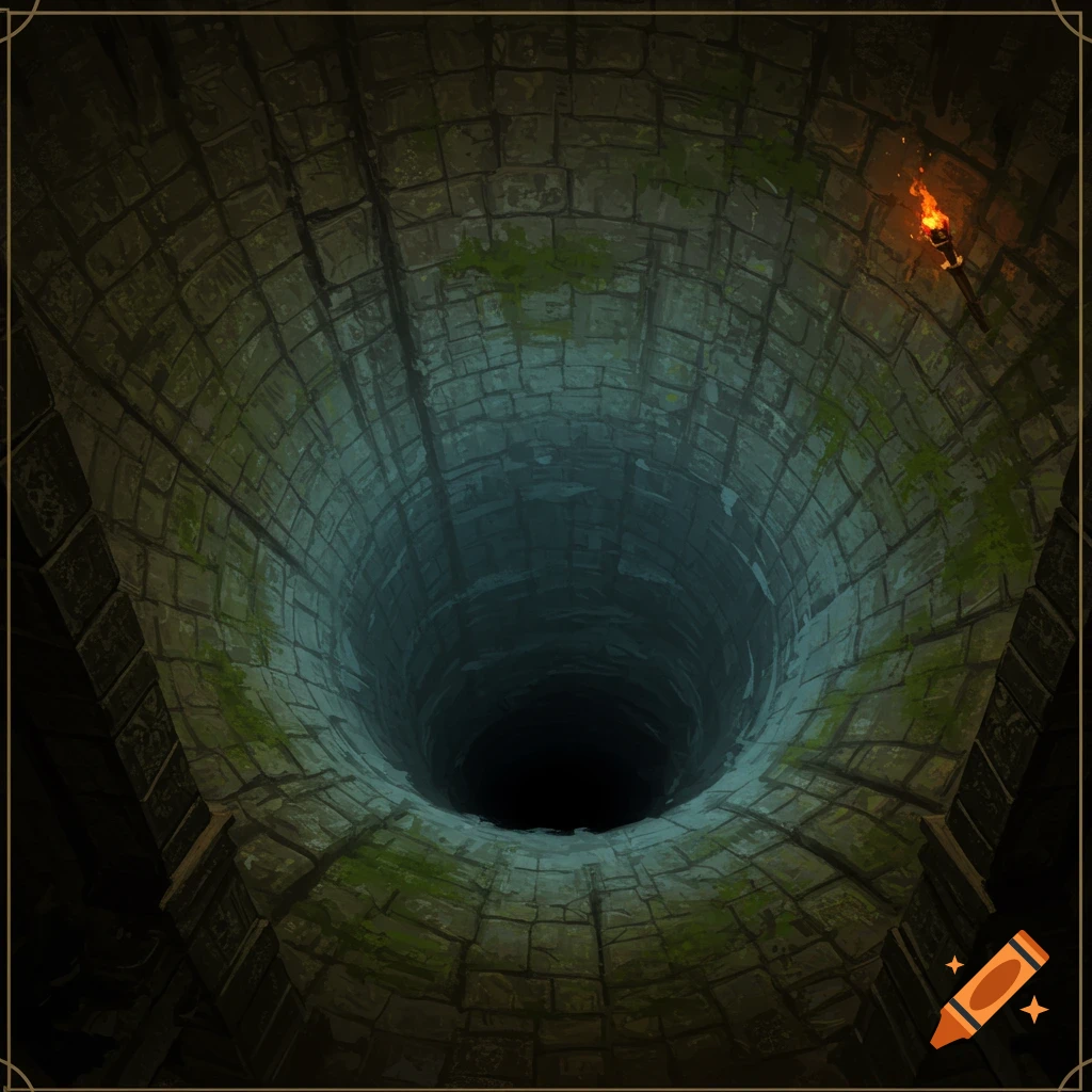 Looking down into a deep dark hole in a stone dungeon wall, lit by a torch.