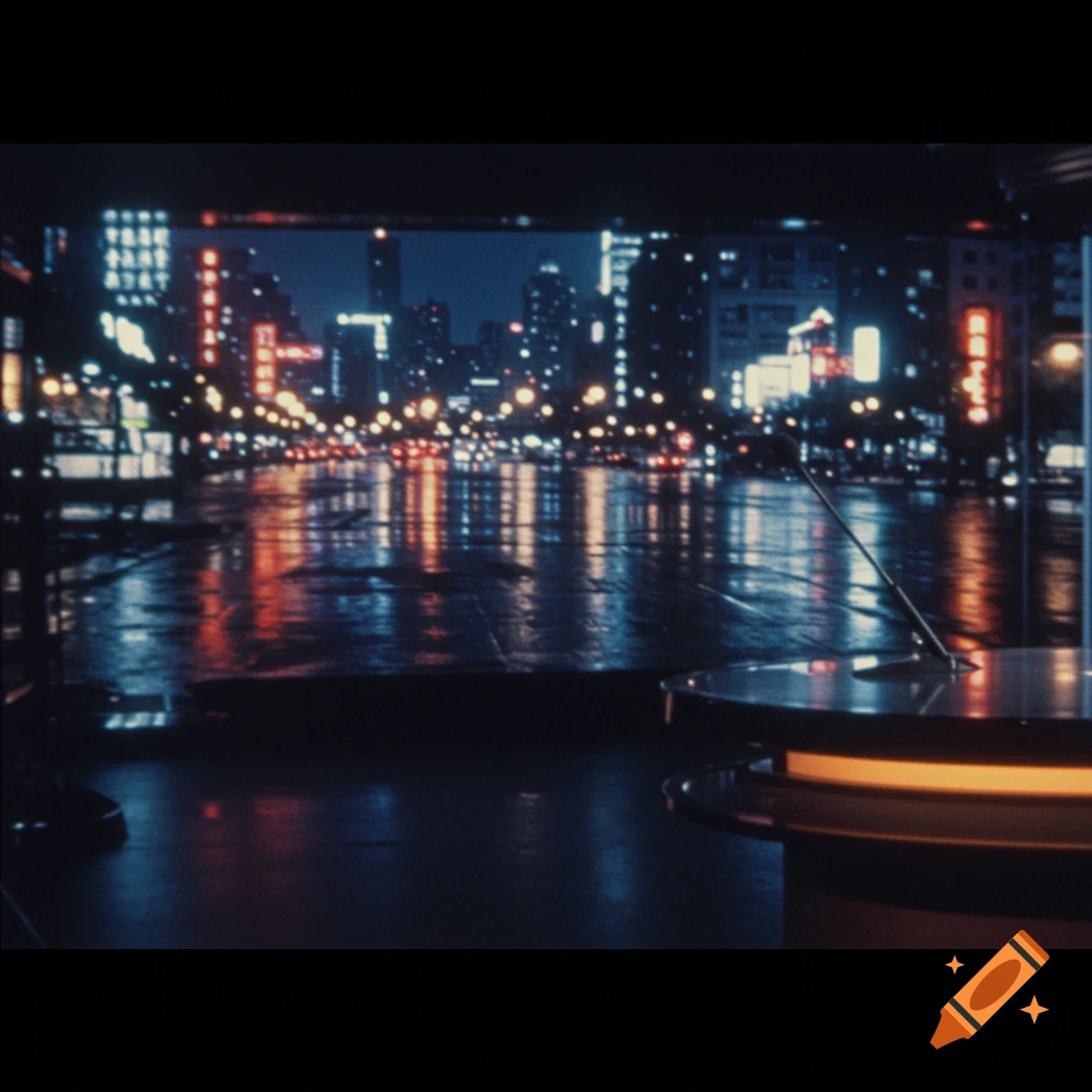 News desk view of a rainy city street at night with neon lights and reflections in a gritty, 90s style.