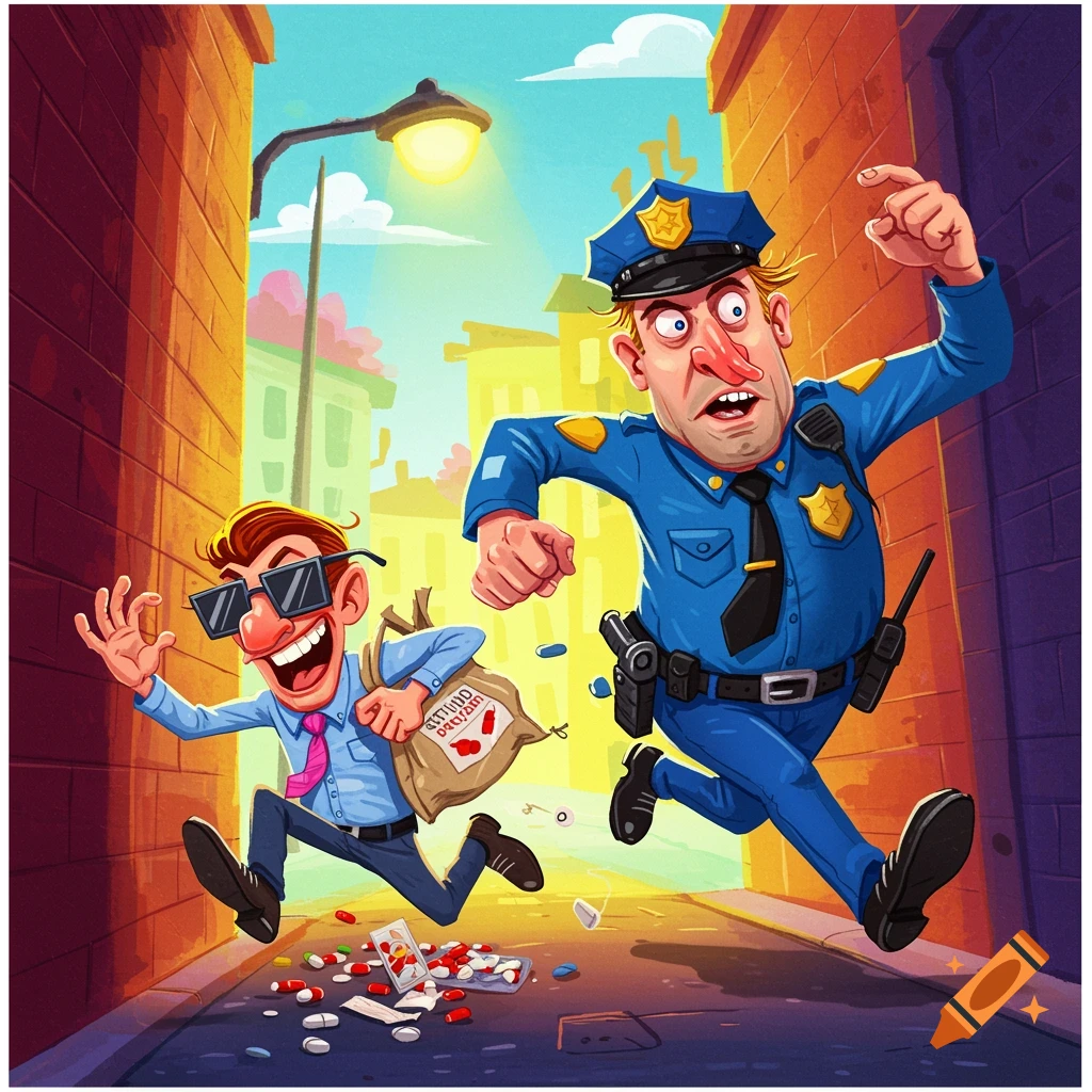 A cartoony police officer chases a man carrying a bag with pills falling out in an alleyway.