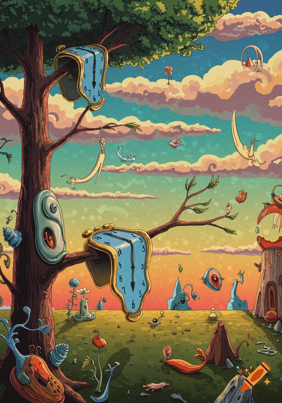 Surreal illustration of melting clocks hanging on a tree in a strange landscape with odd creatures and cloudy sky.