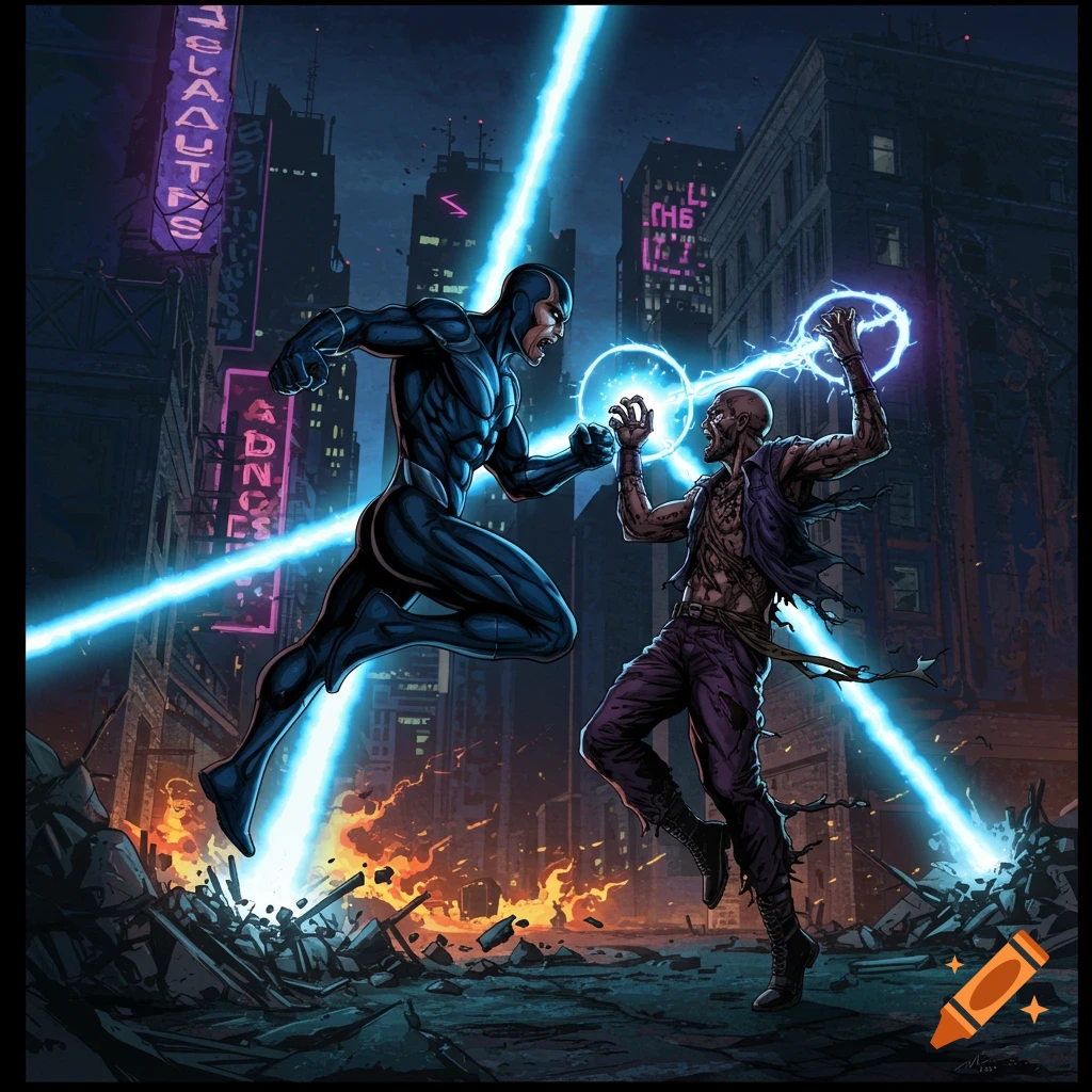 A superhero fights a monster with energy beams in a destroyed city street at night.
