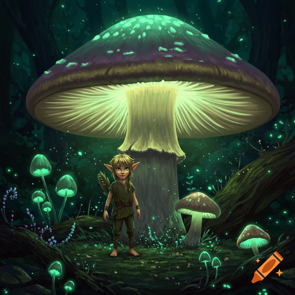 A young elf stands under a large glowing mushroom in a fantastical forest.