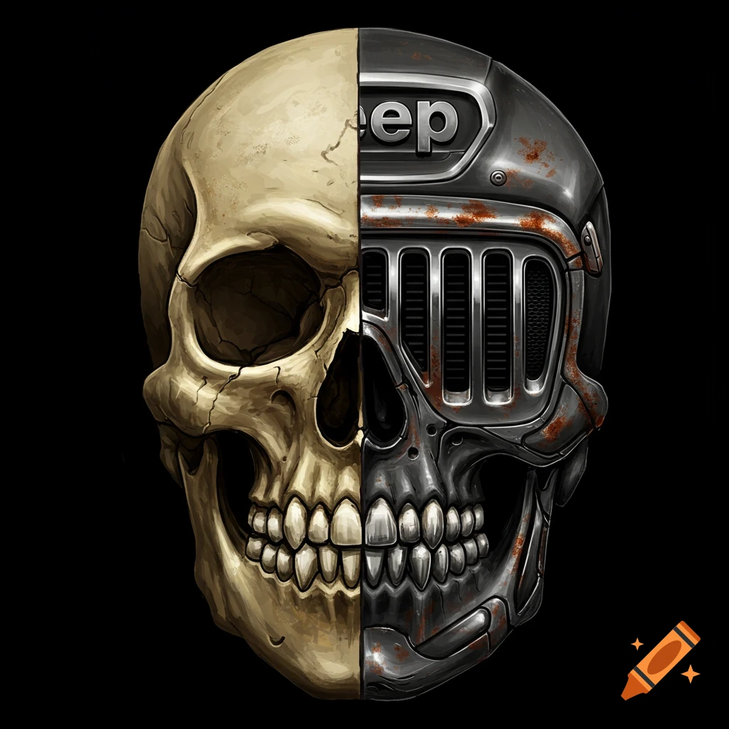 Illustration of a skull split in half, one side bone, the other a mechanical face resembling a Jeep grille.