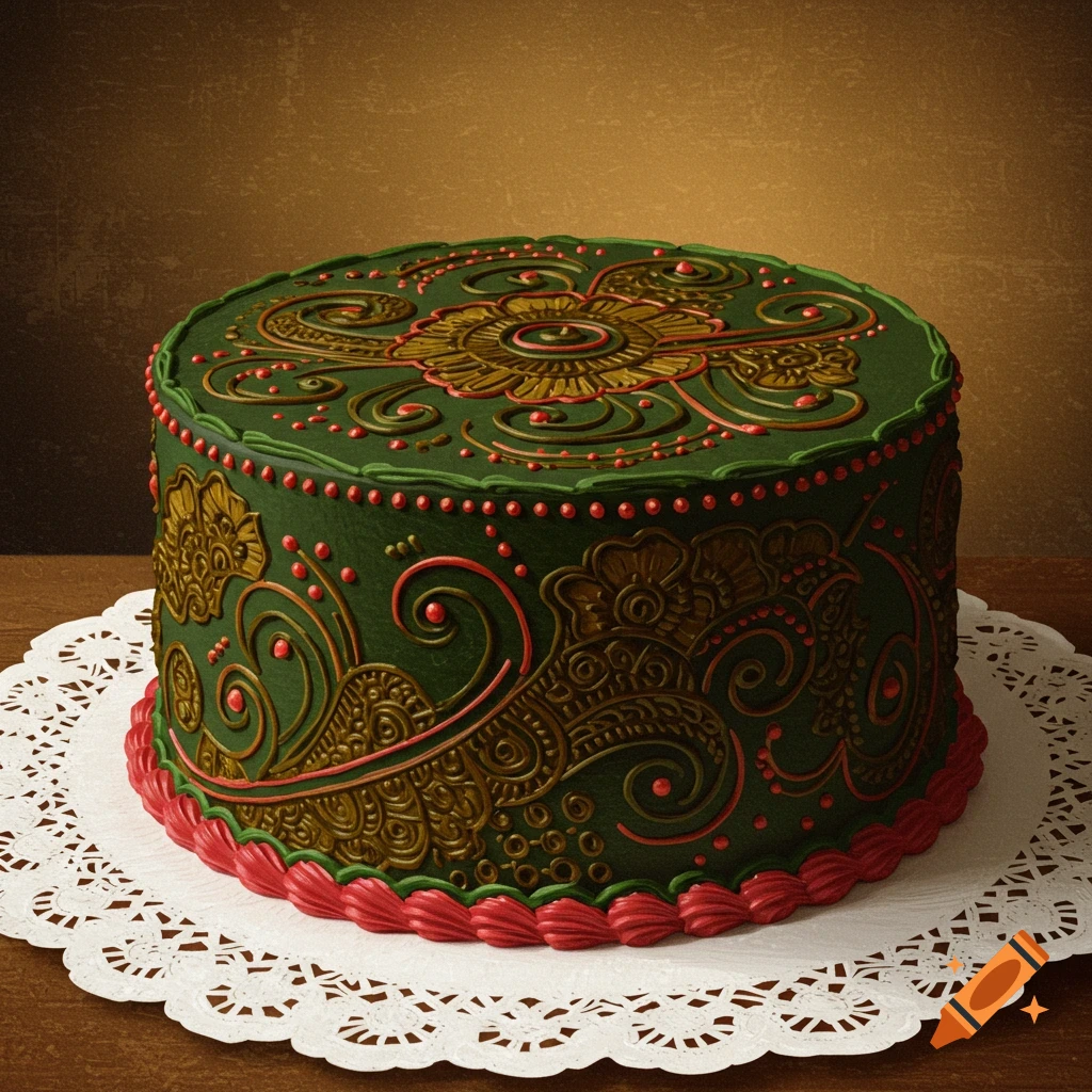 A dark green cake decorated with gold and red mehndi patterns.