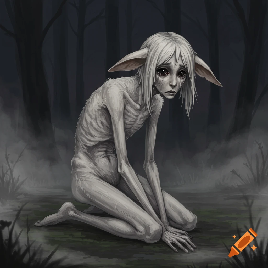 A gaunt, sad creature with long ears kneels in a dark forest.