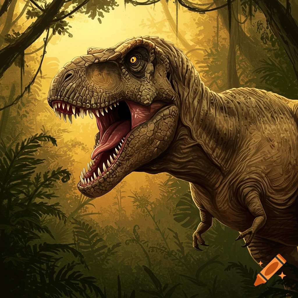 A Tyrannosaurus Rex roars fiercely in a lush jungle.