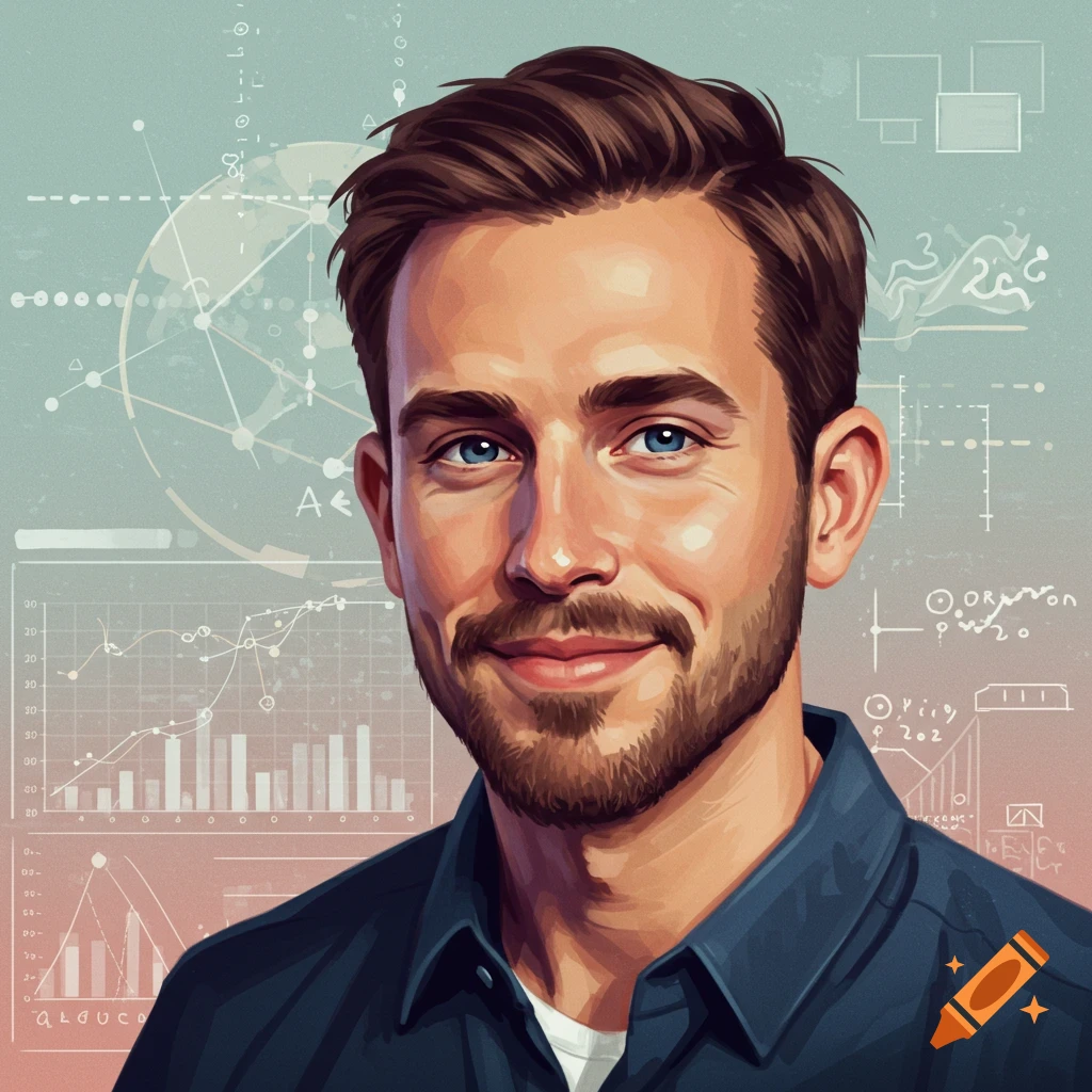 A portrait of a man smiling, with technical diagrams and charts in the background.