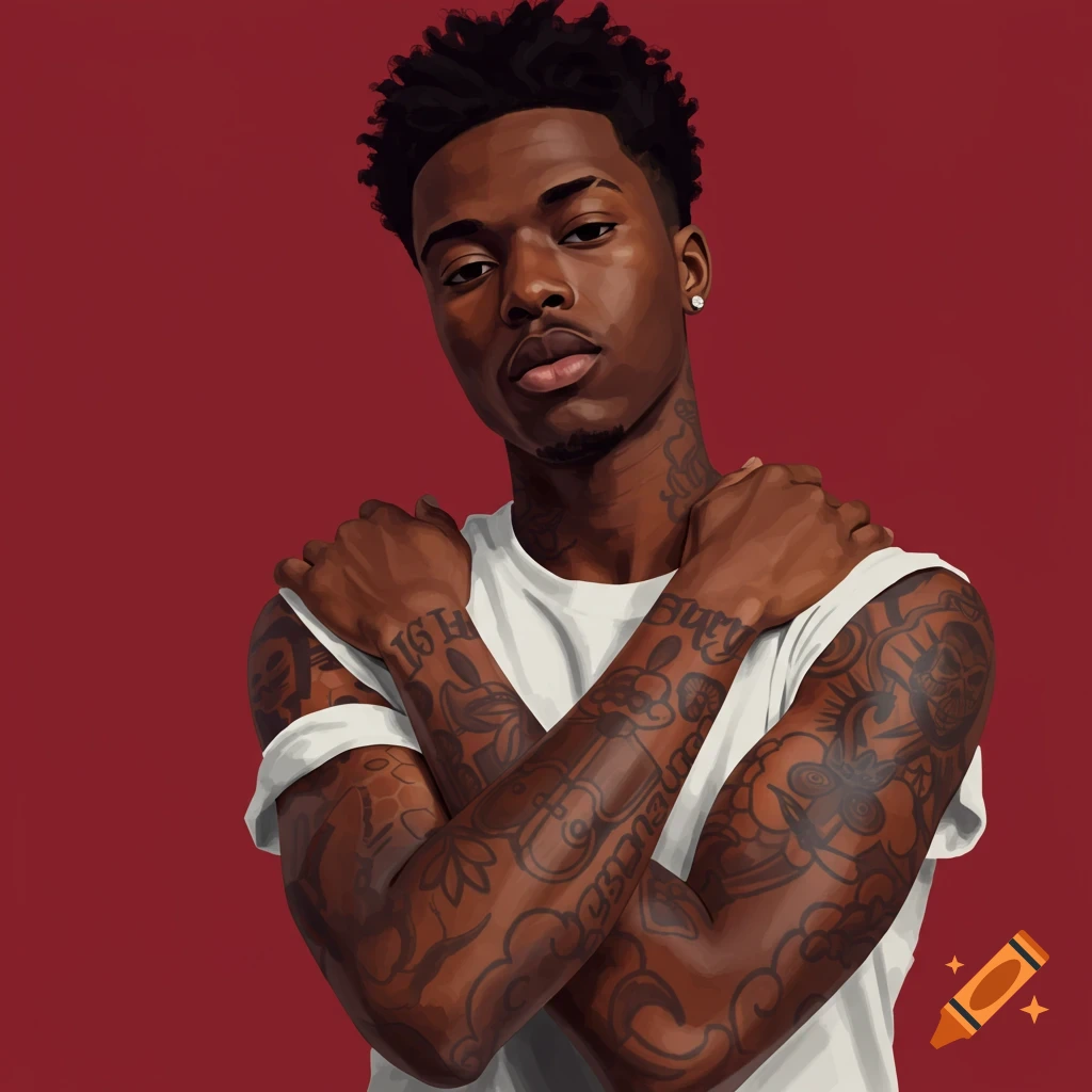 A young black man with tattoos on his arms and neck stands against a red background with his arms crossed.