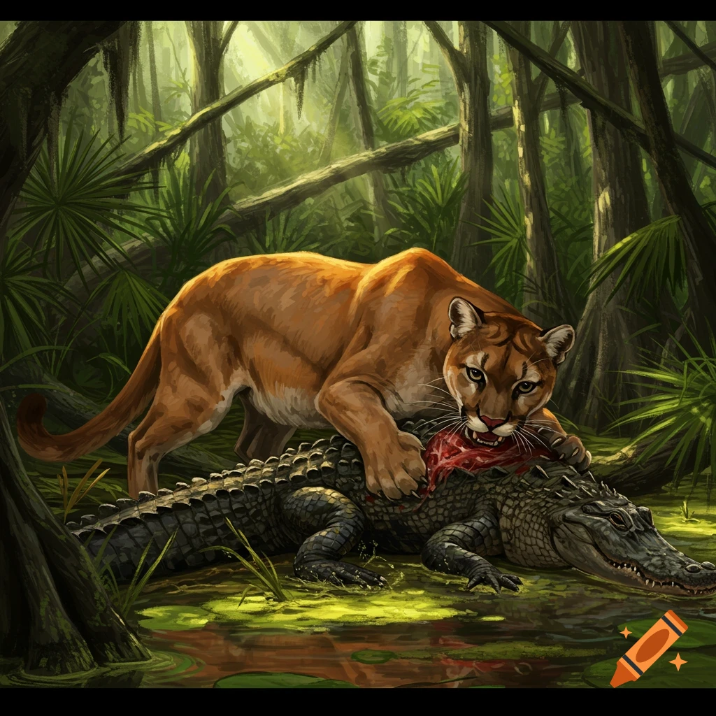 A mountain lion eating an alligator in a swamp.