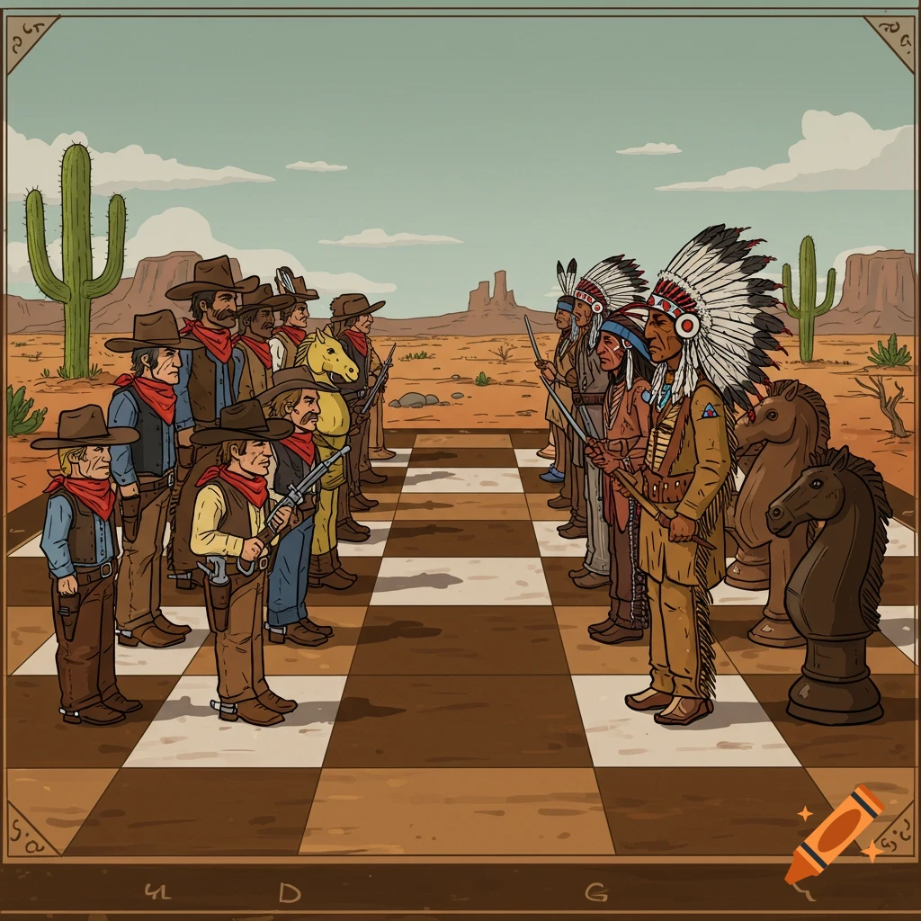Cowboys and Native Americans as chess pieces on a desert board.