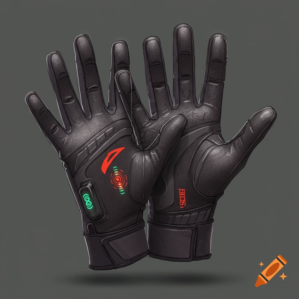 Black football gloves with red and green electronic details and branding.