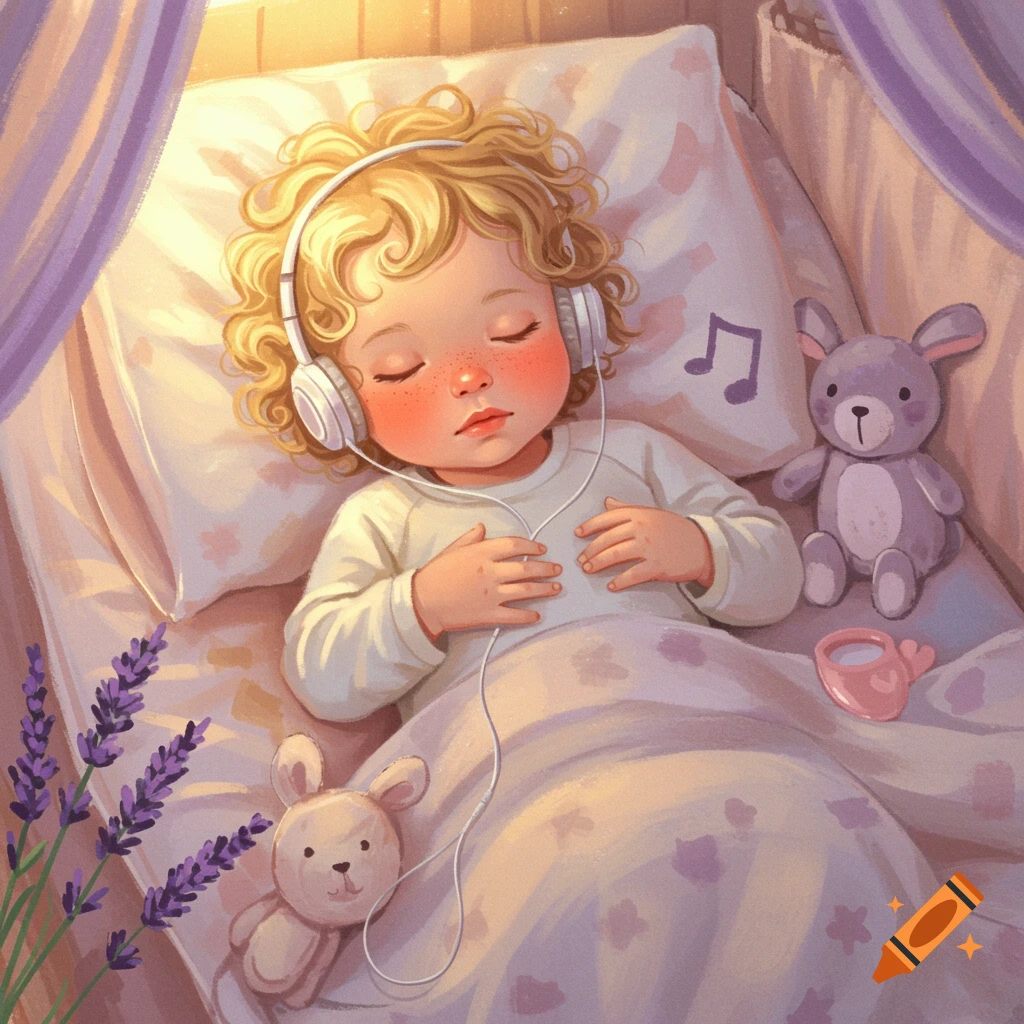 A child sleeps peacefully in a crib with headphones, surrounded by toys and lavender, in a soft illustration style.