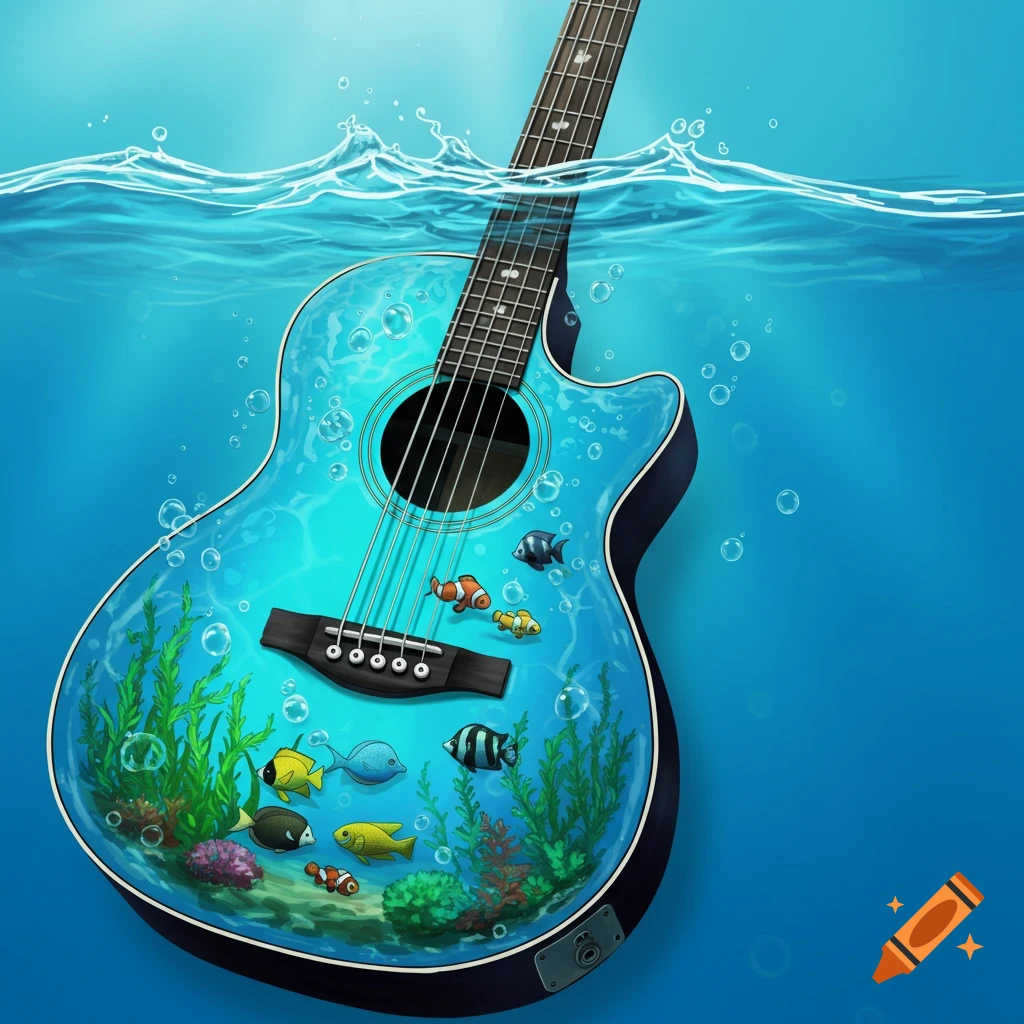 An acoustic guitar submerged in water, with the body acting as a fish tank filled with colorful fish and plants.