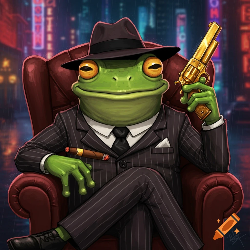 Painting of a frog dressed as a gangster sitting in a chair, holding a golden gun and a cigar.